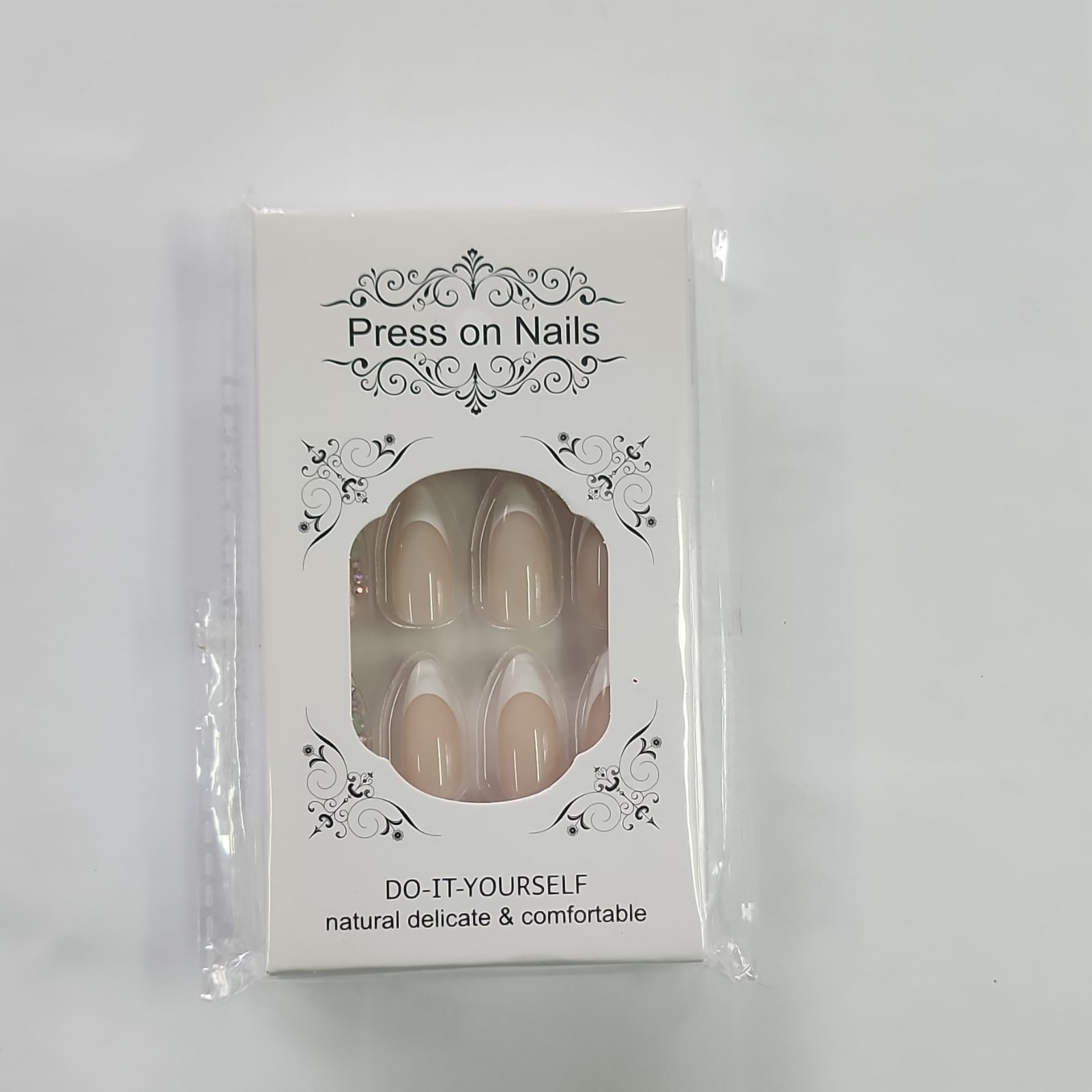 Gifiky French Almond Press-On Nails Full Cover Beige White GI-160 24PCS