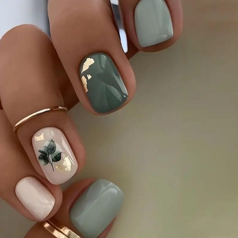 48pcs-Botanical Press on Nails, Short Square Sage Green with Gold Foil Accents