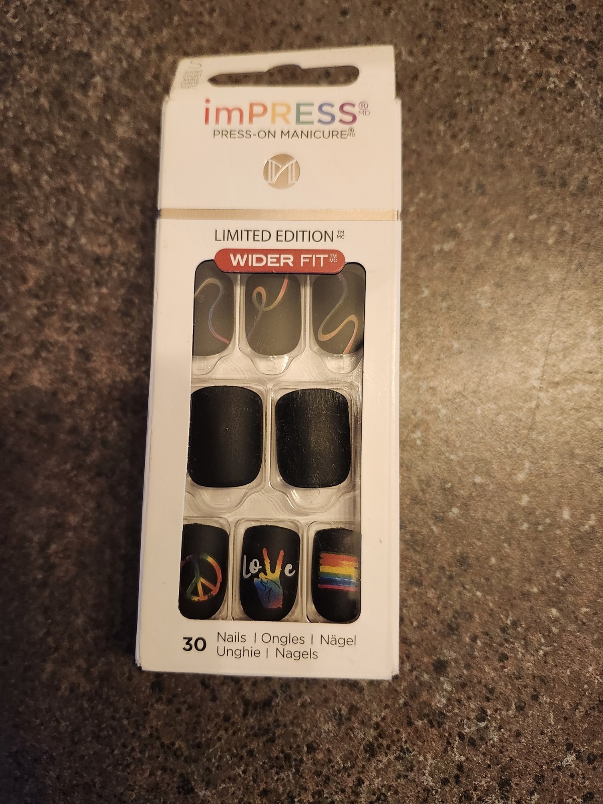 Kiss imPress Press on Manicure Wider Fit Love is Love Black & Rainbow Nails 30p
