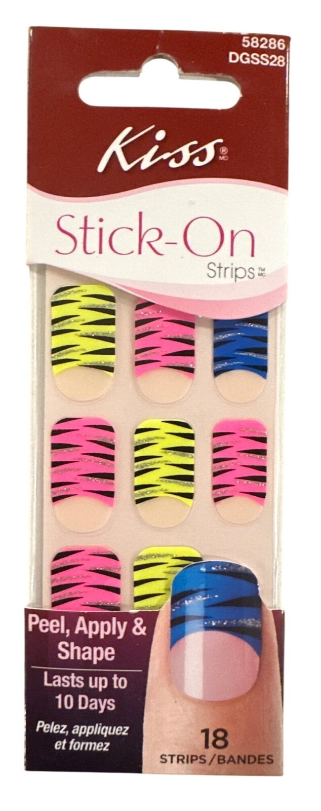 Kiss Stick-On 18 Nail Strips French Tips Neon Pink+Yellow+Blue Tiger Design