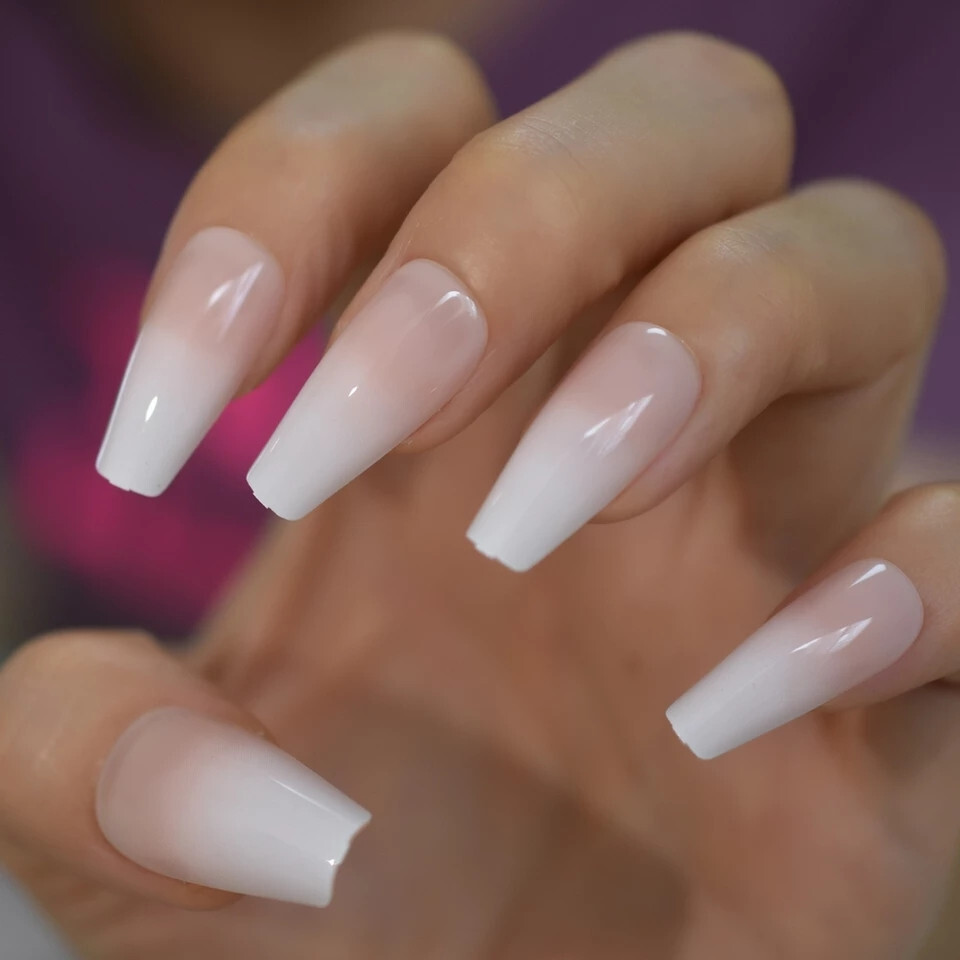 24 Press on nails kit w glue Long Coffin French tip ombre white nude