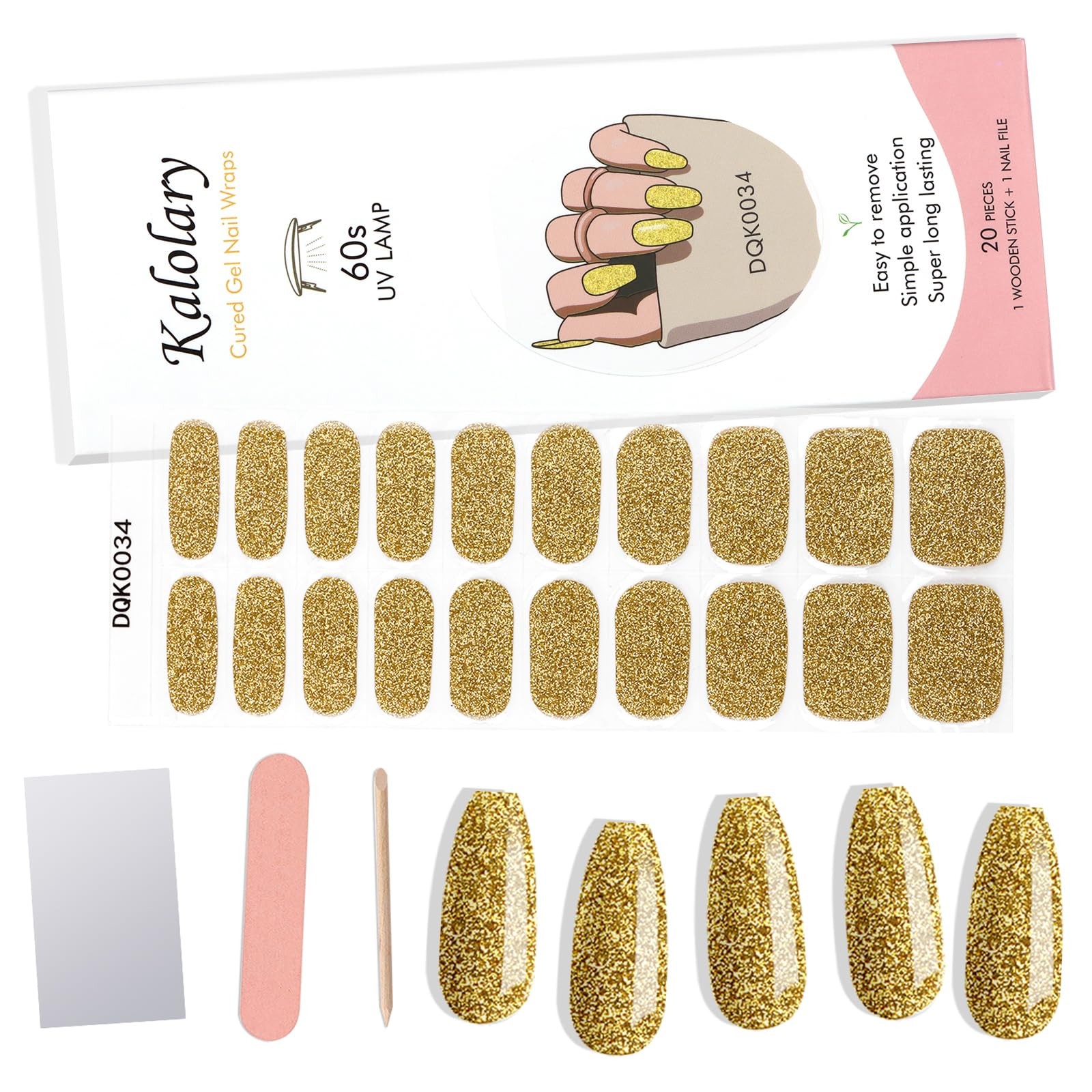 40PCS Gold Glitter Gel Nail Wraps Strips, Self Adhesive Full Nail Wraps,