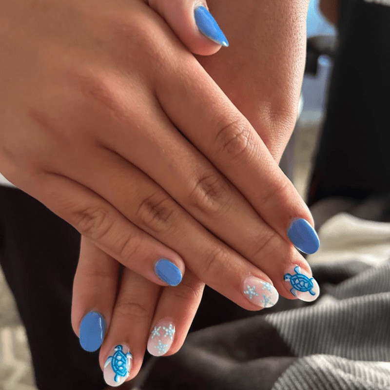48 Pcs Blue Sea Turtle Press on Nails, Short Oval Starfish Glossy Fake Nails