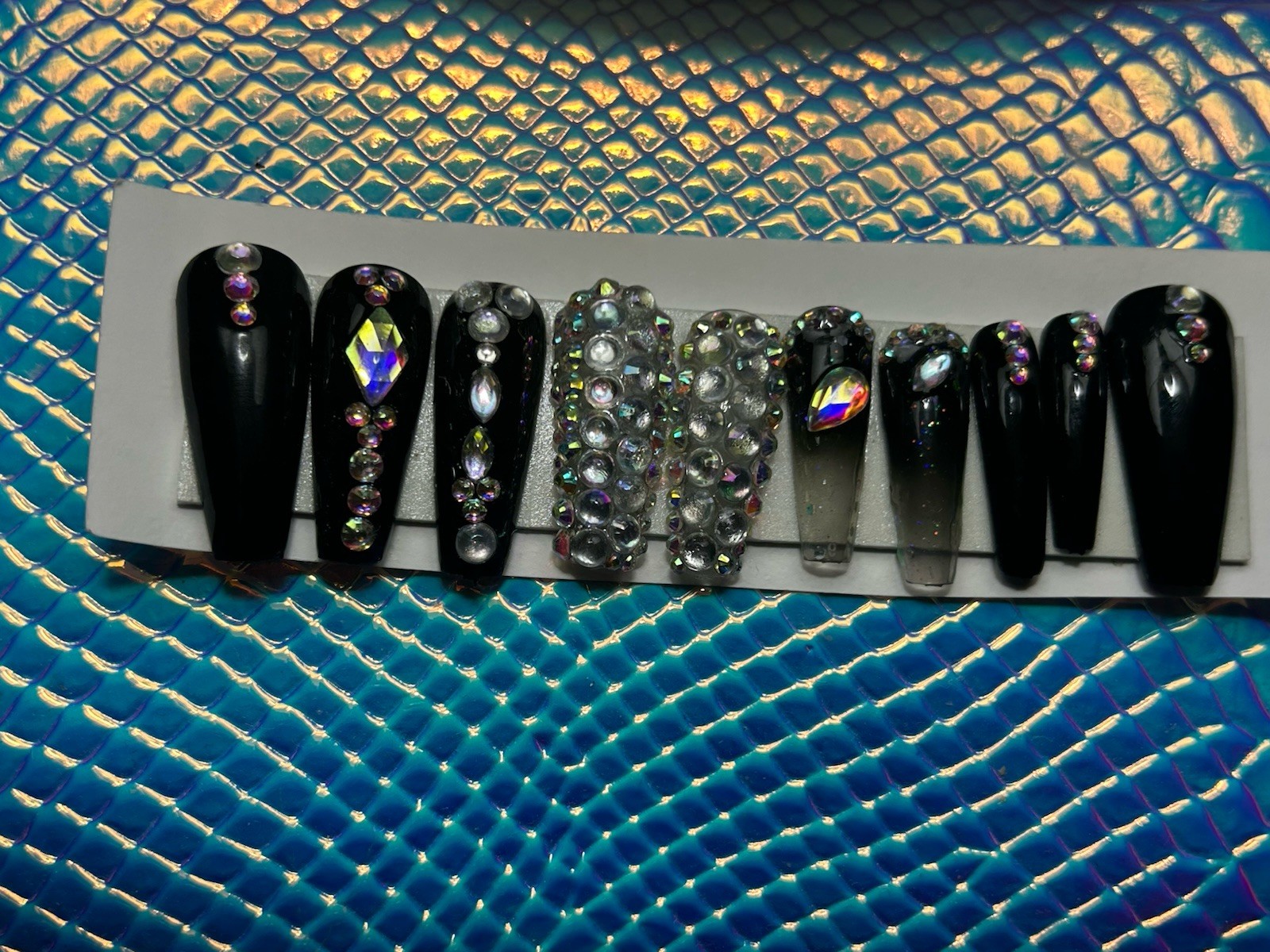 Halloween 🎃Black Handmade Black With Diamonds Press On Nails Long Coffin ✨🖤