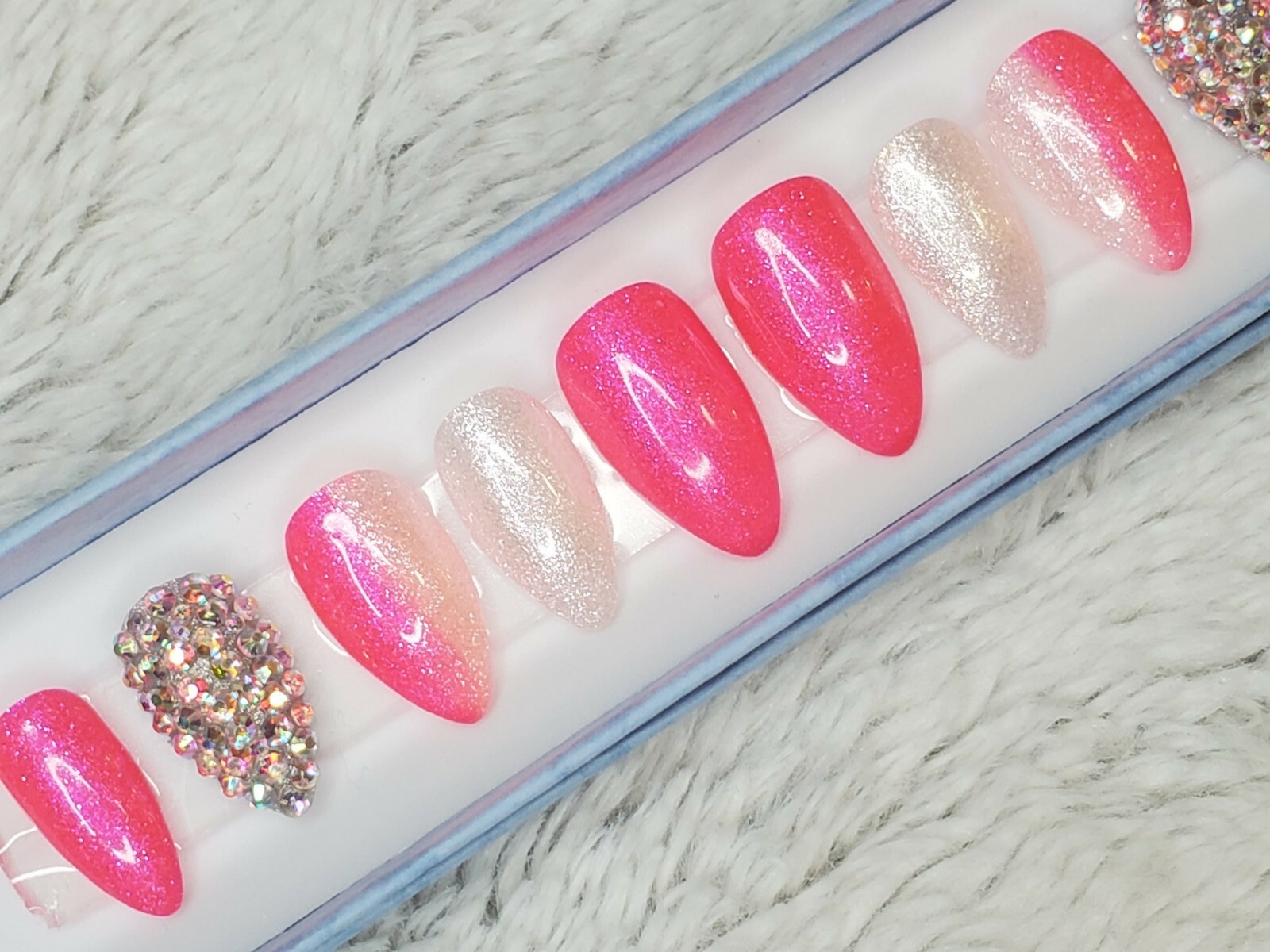 Neon hot pink Bling glitter short stiletto diamond press on nails barbie ombre
