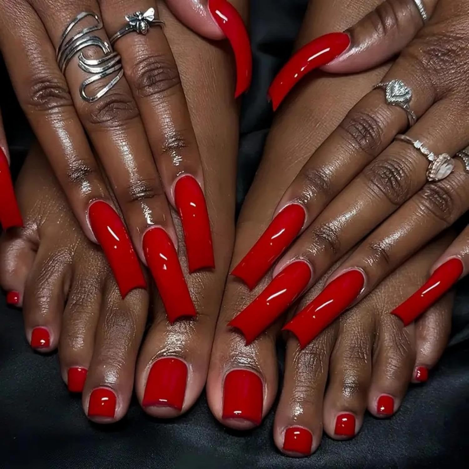 48 Pcs Red Press-On Nails & Toenails – Glossy Curved & Square Designs