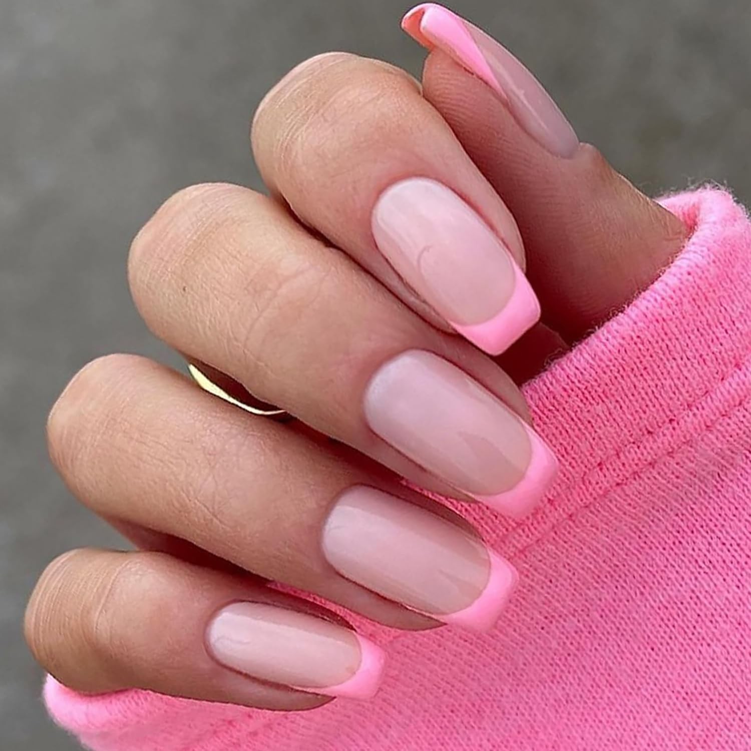 24 Pcs French Tip Press on Nails Medium Square Fake Nails with Glue Pink Acry…