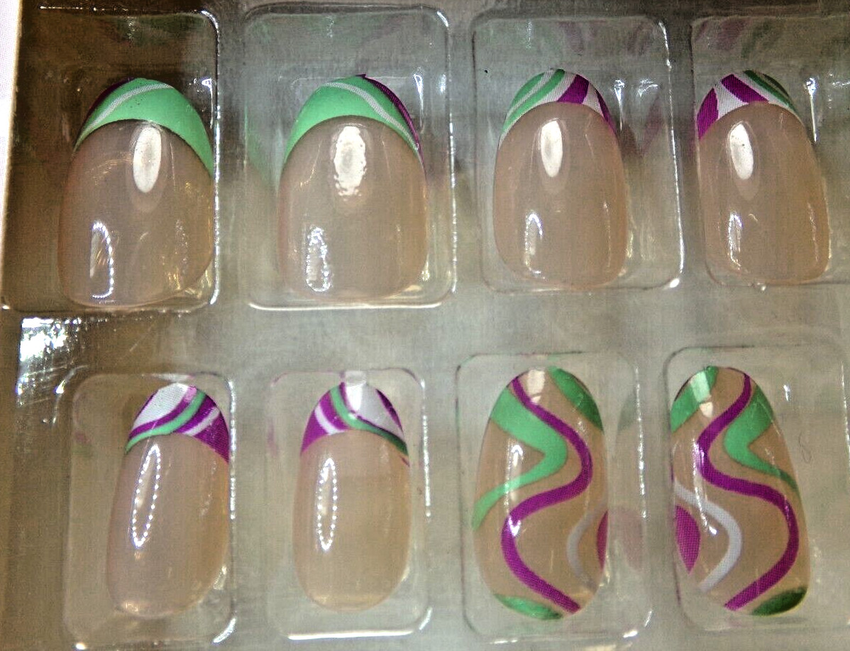 2 Packs b*Color Nails Shiny Green & Pink Artificial glue on Short Oval