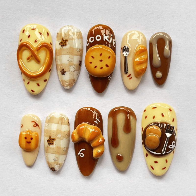 Cookie Croissant Handmade Press on Nails Bread Drip Food Cute Gloss Fake Nails