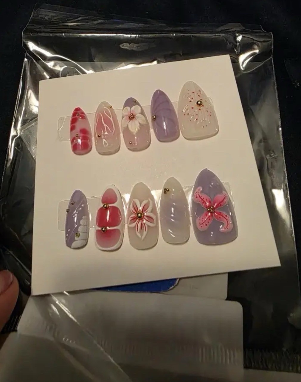 Pink Purple 3D Flower Almond Medium Acrylic Press-On Nails Set Self-Adhesive