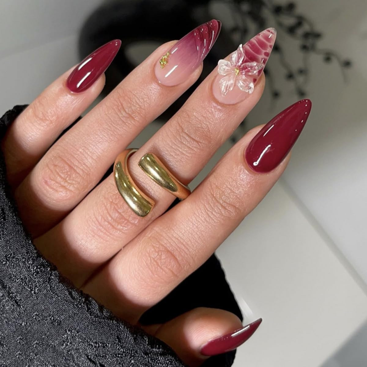 24Pcs Wine Red Press on Nails Medium Almond Flower Fake Nails Transparent 3D Flo