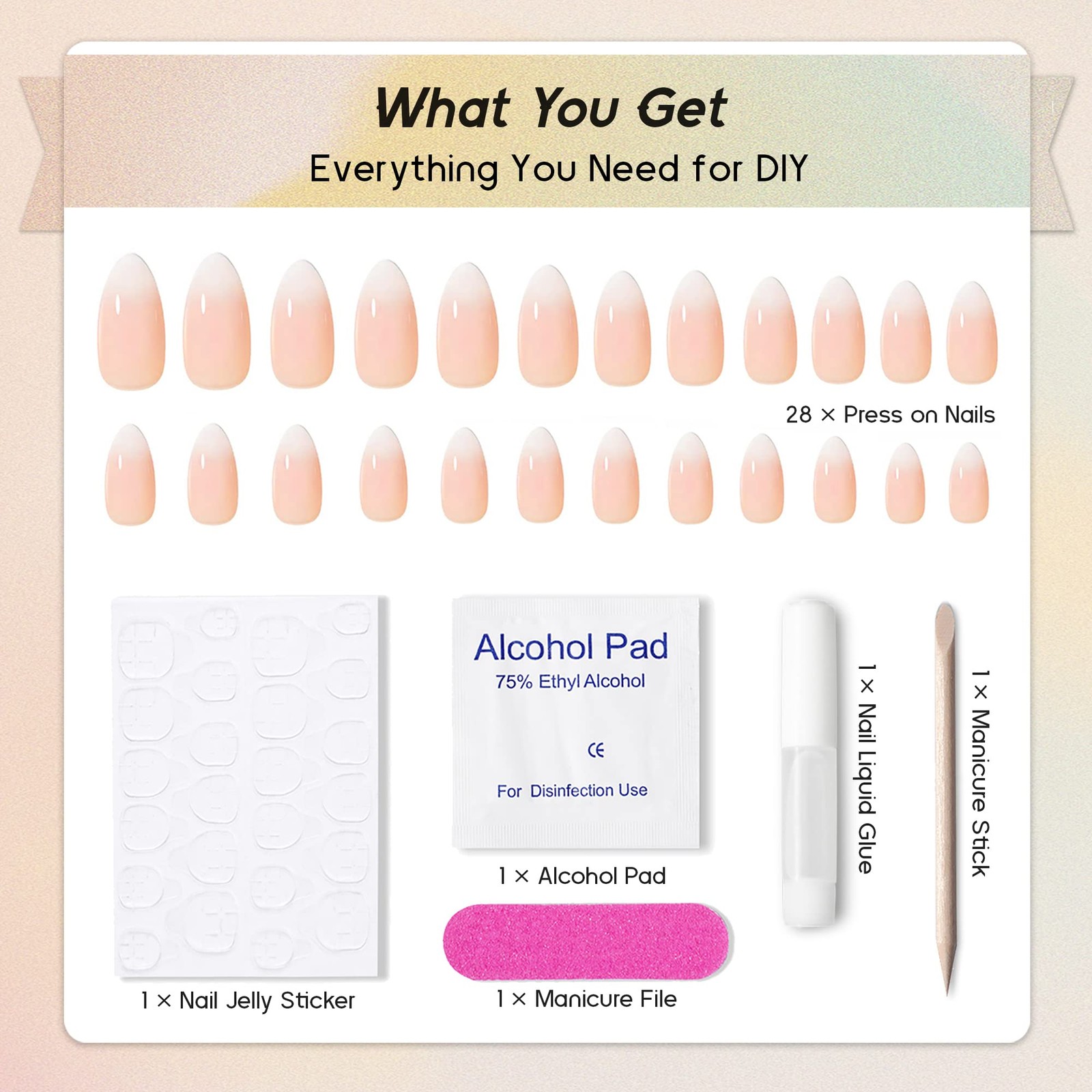 Press on Nails Almond, Ombre Nude to White Fake Nails Medium Press Ons, Gloss…