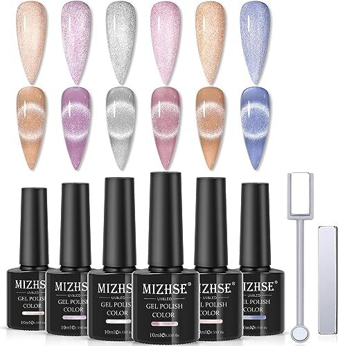 10ml*6 Colors Cat Eye Gel Nail Polish, Crystal Magnetic A-Sparkle Shimmer Set