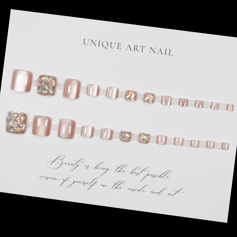 48 Pcs Pink Glitter Cat Eye Toe Press on Nails, Short Square Sparkly Fake Nails