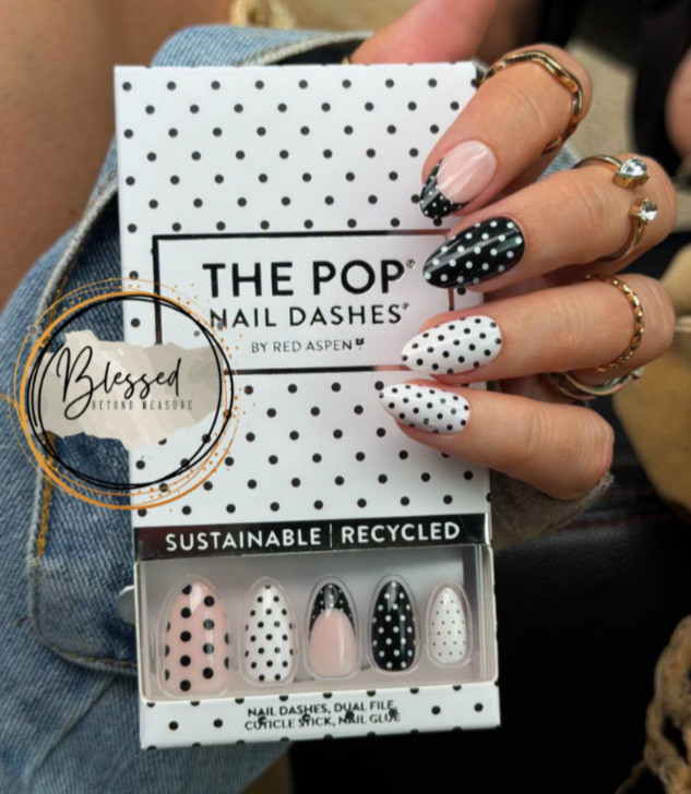 Red Aspen Press On Nails- Dyneil’s Darlin’ Dots Medium Almond Dots Black & White