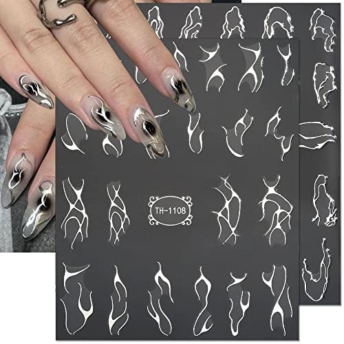Metallic Silver Lines Nail Stickers – 6 Sheets, 3D Wave Lines, Irregular