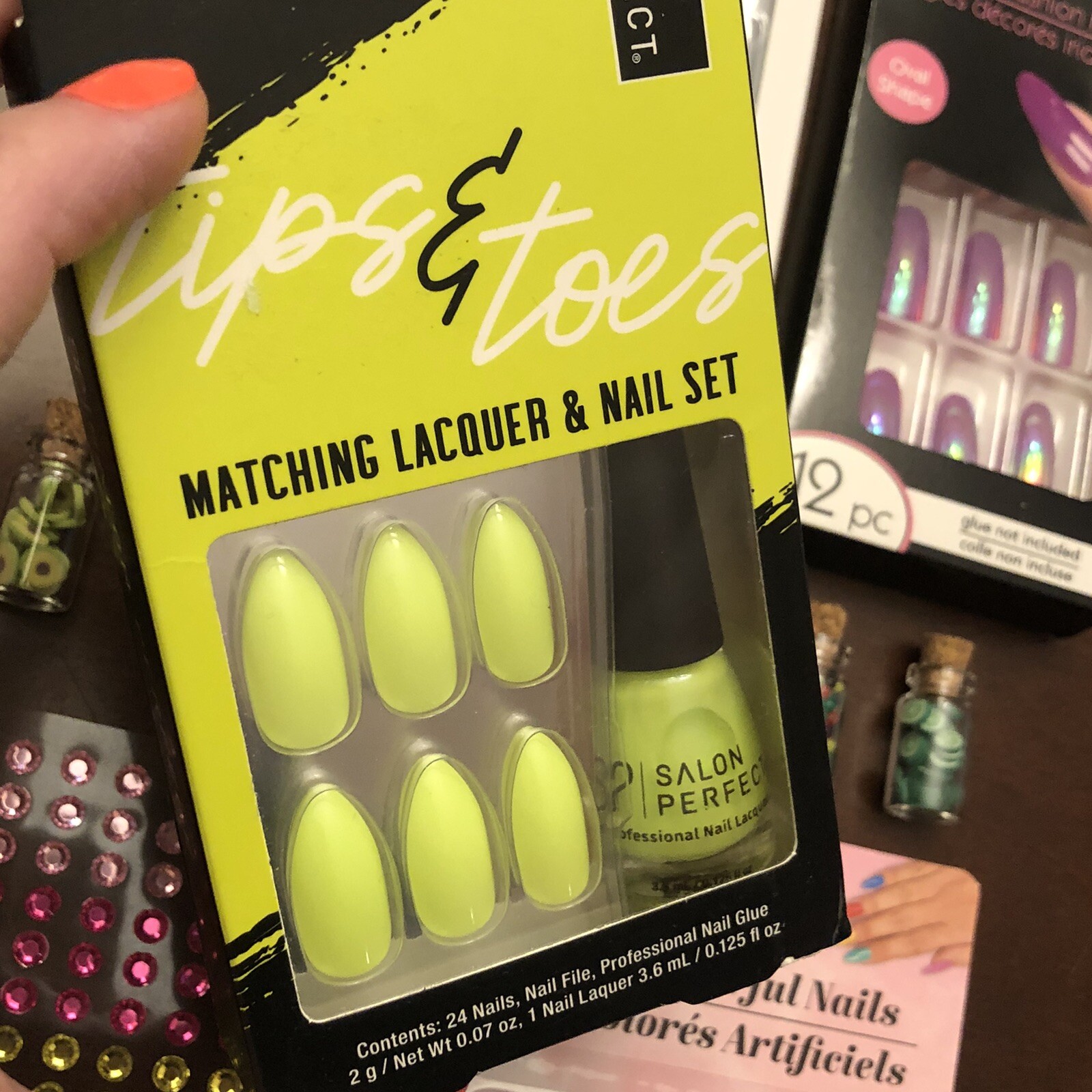 NAIL ART LOT 4X PRESS ON NAILS Adhesive Gems Food Miniatures Acrylic Jewels Jars