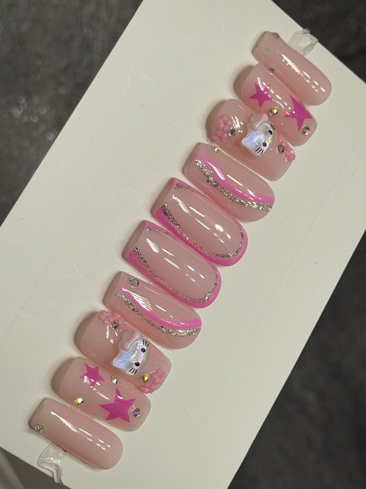 ✨ CUSTOM Press On Nails Nude PINK HELLO KITTY BLING 10p SET W Kit