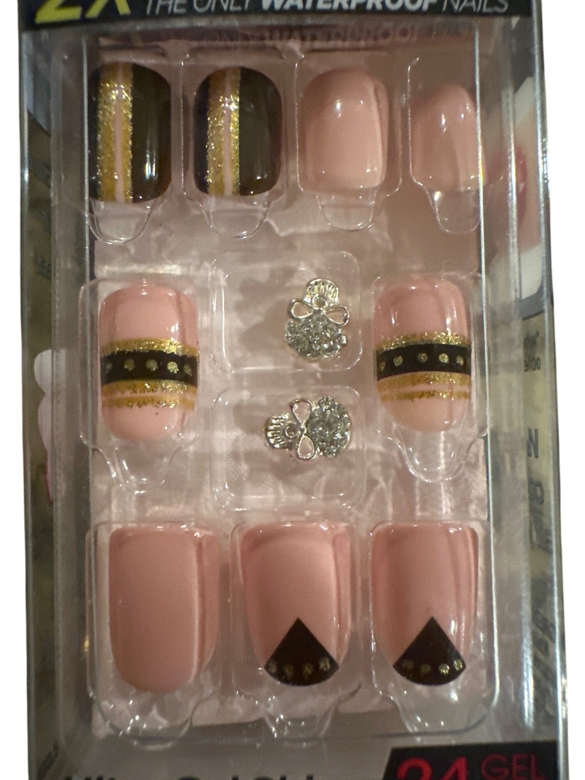 ImPRESS KISS 24 Nails SHORT SQUARE Shiny Peach+Black+Gold SILVER SKULL CHARMS 1a
