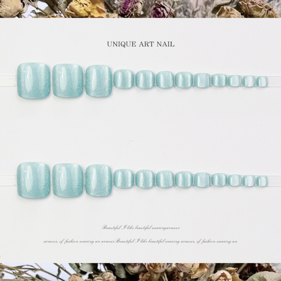 48Pcs-Short Square Lake Blue Solid Cat Eye Simple Toe Press on Nails