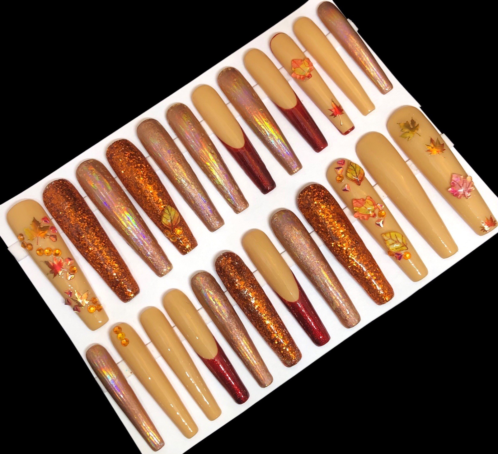 Handmade Custom Press On Nails 2XLong Coffin Fall Leaves Holograms Glitter Bling