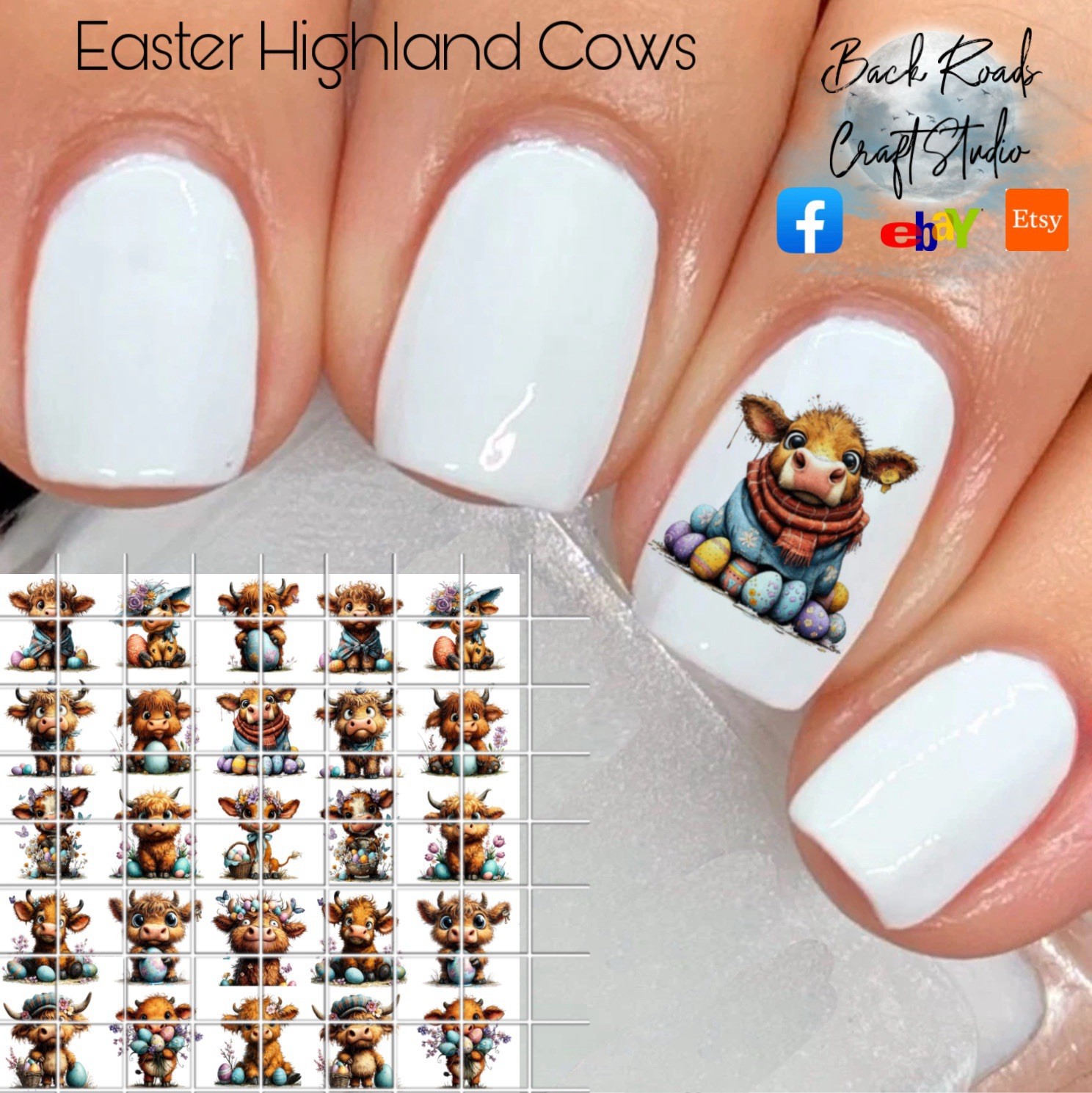 Easter Highland Cows Waterslide Nail Decals Set Of 50 Instructions & Bonus