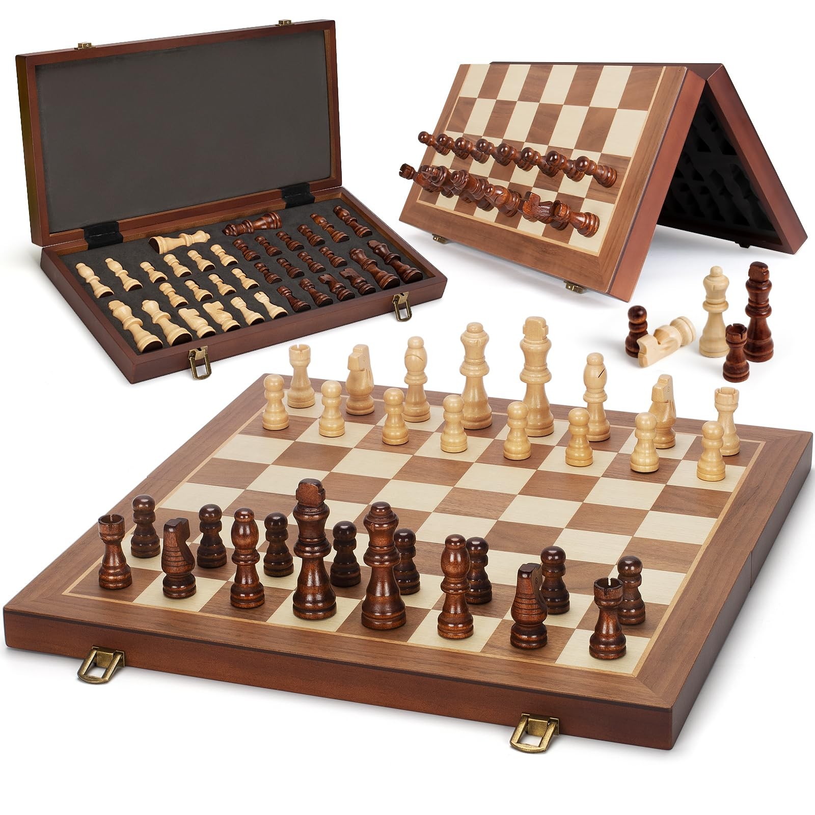 Magnetic Wooden Chess Set, 15″ Folding Board with 2 Extra 15 inches