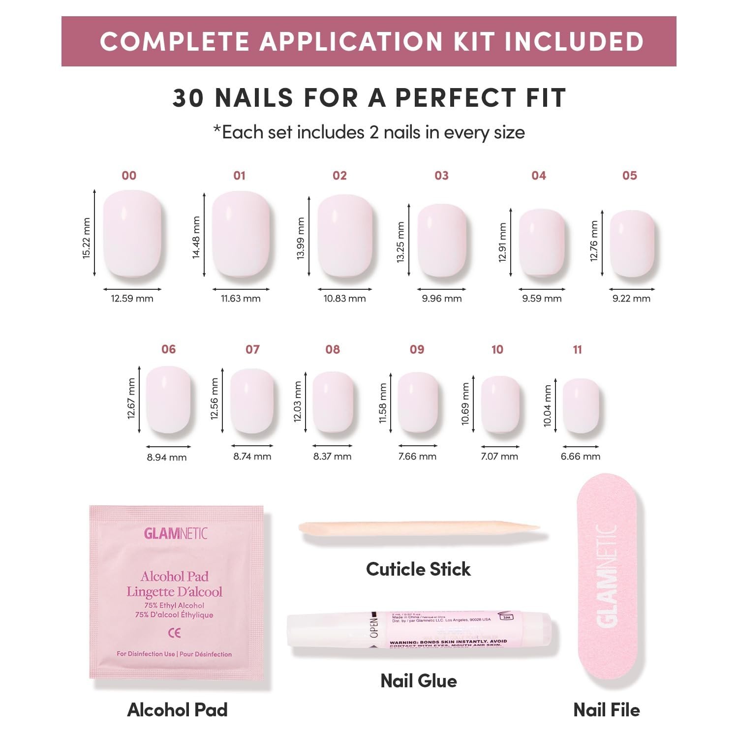 Super Short Pink Press On Nails Kit – 30 Milky Fake Nails, 12 Sizes, Glue Includ