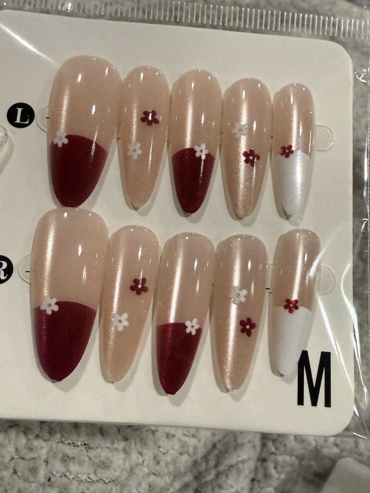 Medium Almond Press-On Floral Nails with Burgundy French Tips, Cat-Eye