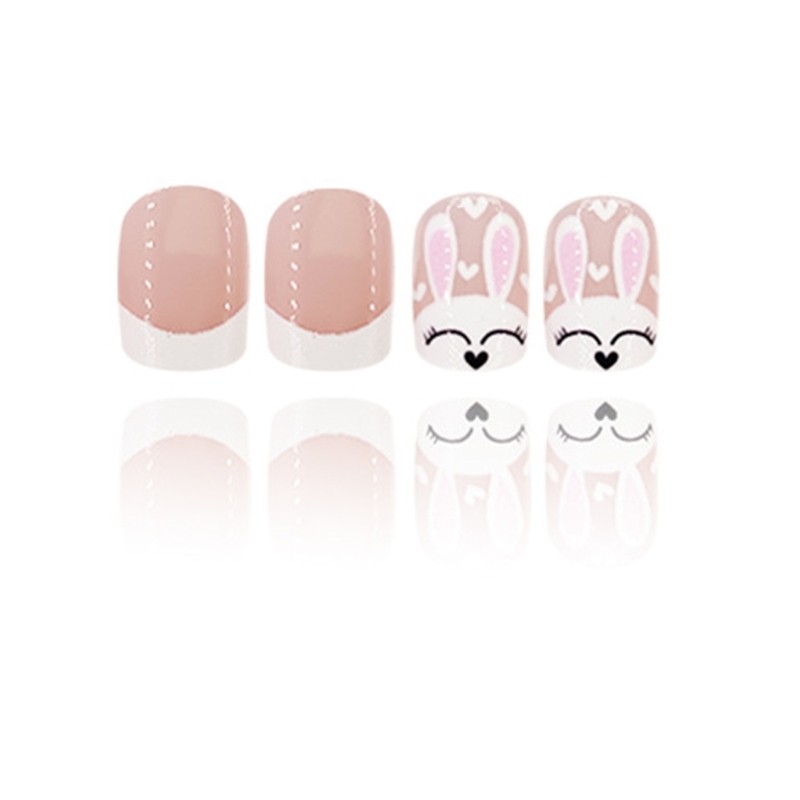 24 Pieces Short Square Press On Nail with Rabbit Designs Acrylic on Nail