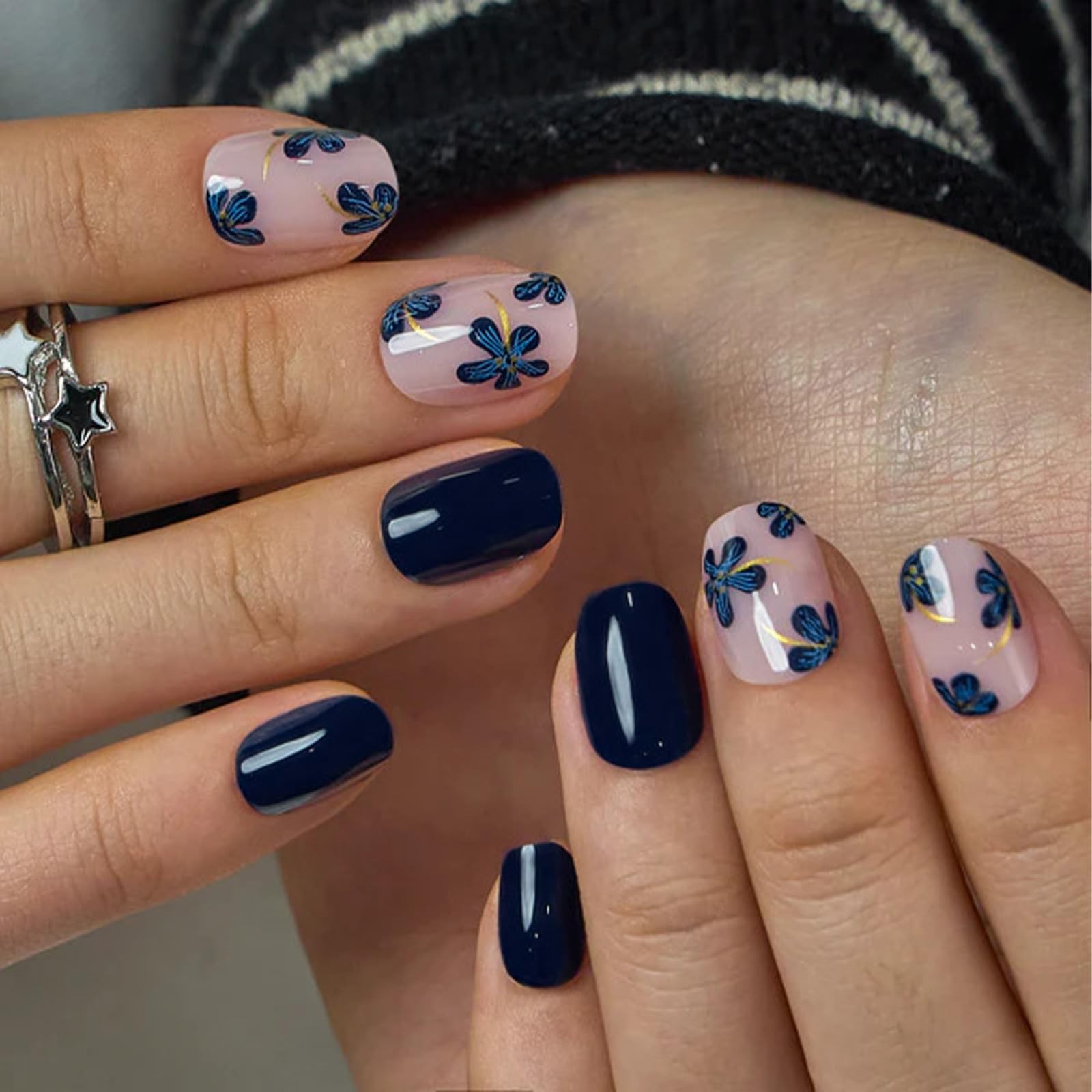 Spring Dark Blue Press on Nails Short Square Acrylic Nails Press ons Summer F…