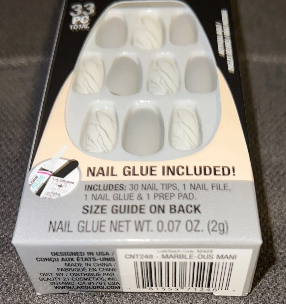 L.A. COLORS Nail Frill Artificial Nail Tips, Marble-ous Mani, 33 Pieces
