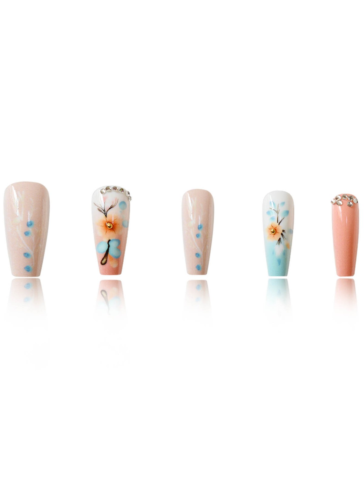 24PCS Sweet Cool 3D Floral Coffin Rhinestone Contrast Ballet Short Press On Nail