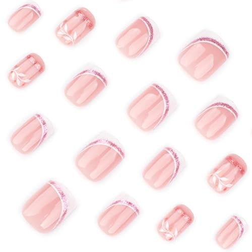 French Press On Nails Short Square, Nude Fake Nails with White 27-Gilded Wave