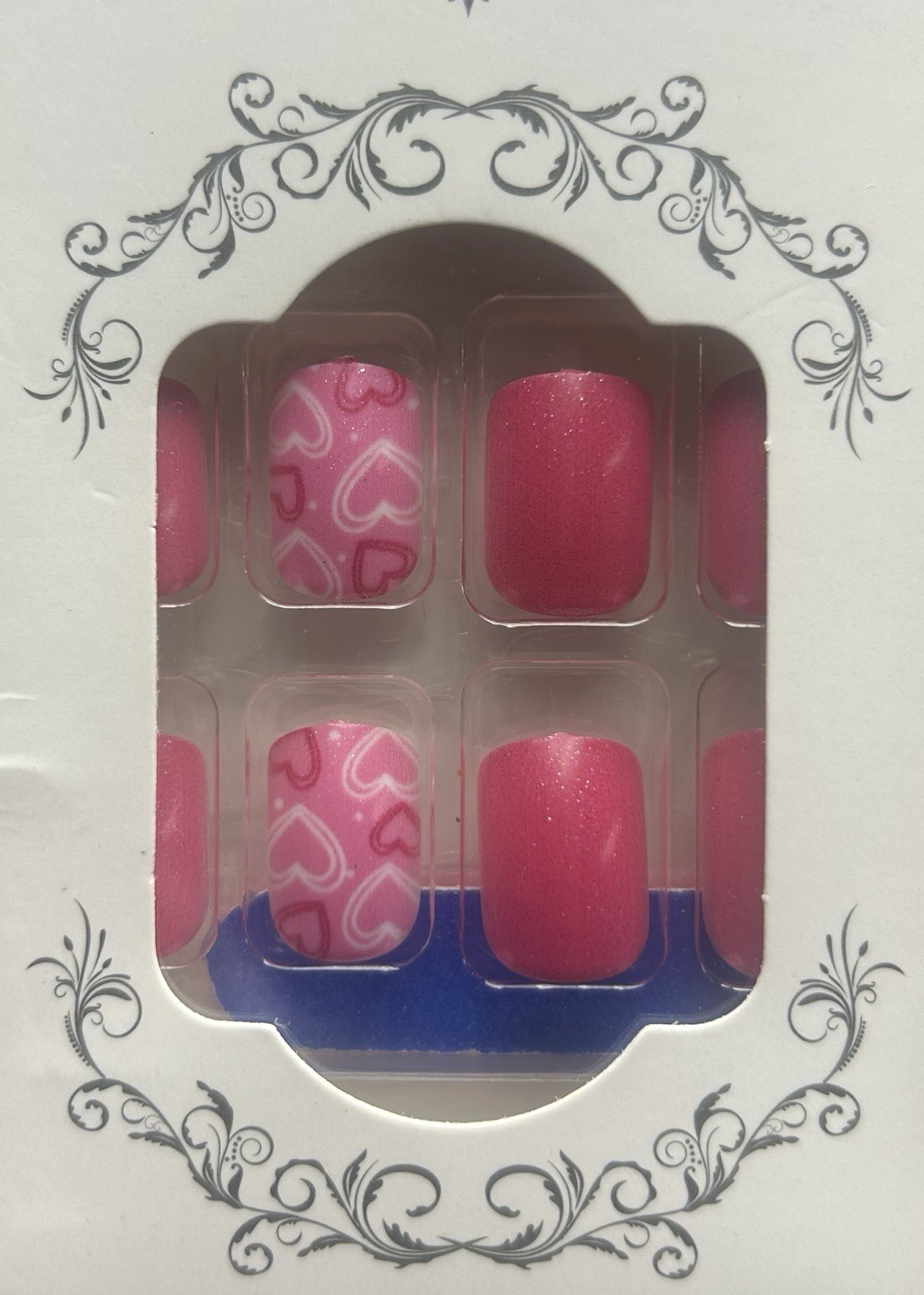 Pink White Heart Square Short Press-On Nails Shiny Pre-Designed Glue Included