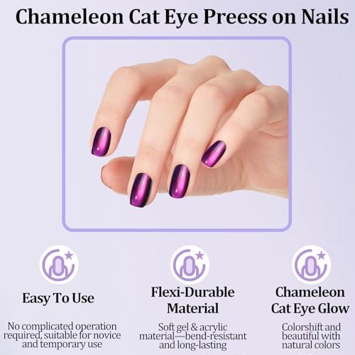 210pcs Cat Eye Press on Nails for Women 7 Colors Short Square Chameleon Series