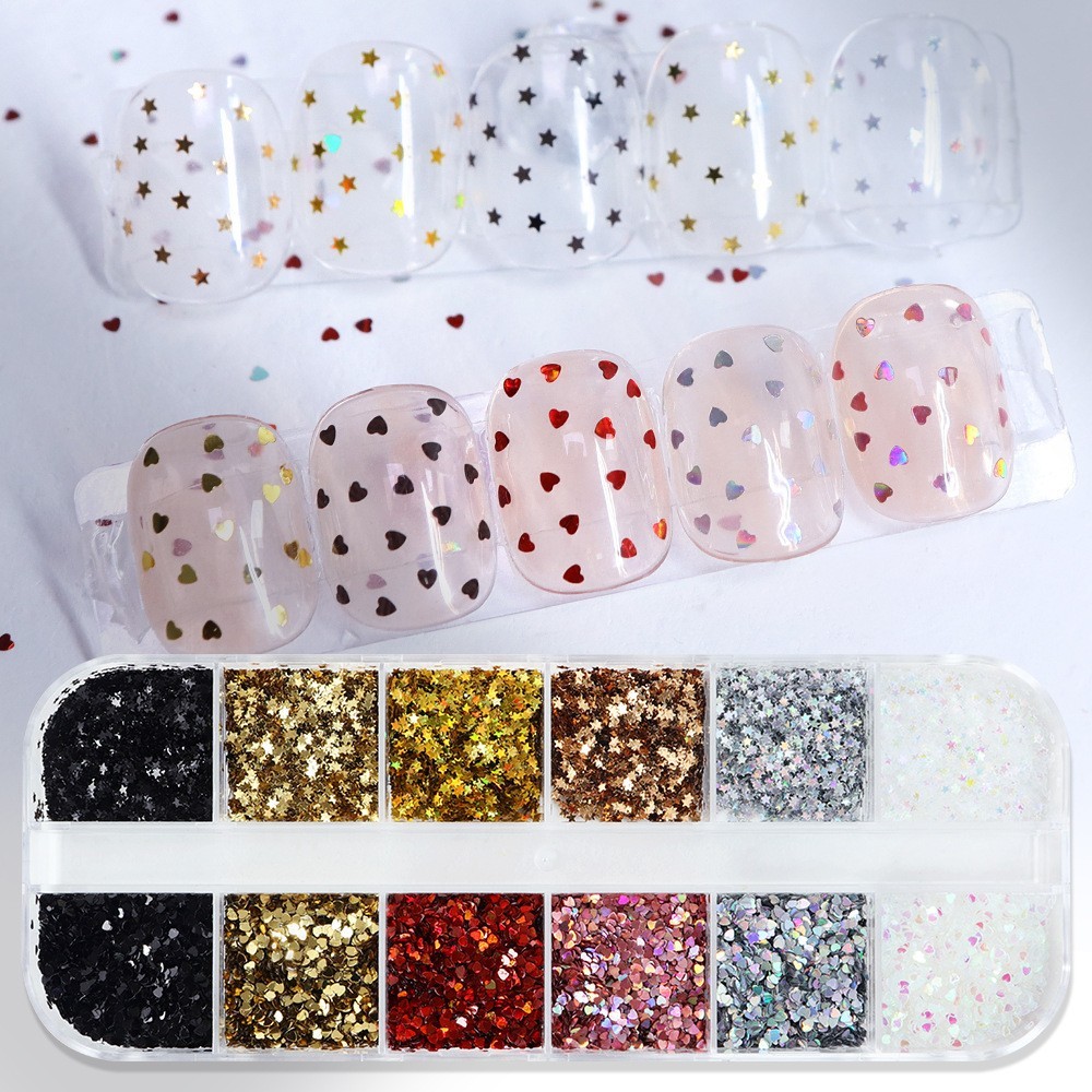 12 Grids Nail Art Sequins 1 mm Glitter Flakes Nails ~ Star Love Heart Shape