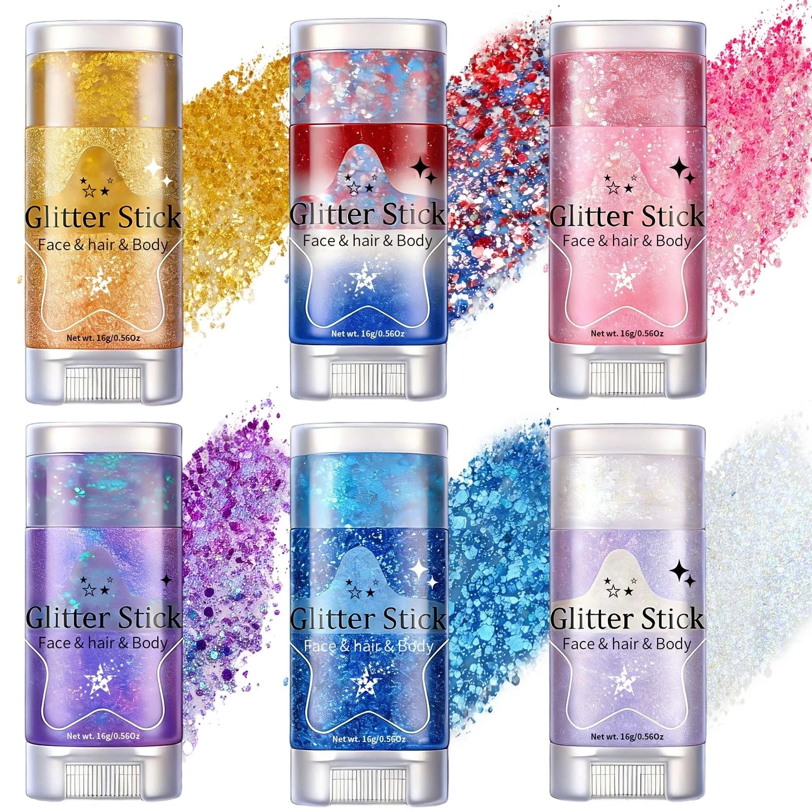 Body Glitter Stick 6 Pack Red White and Blue Face & Hair Glitter with Chunky…