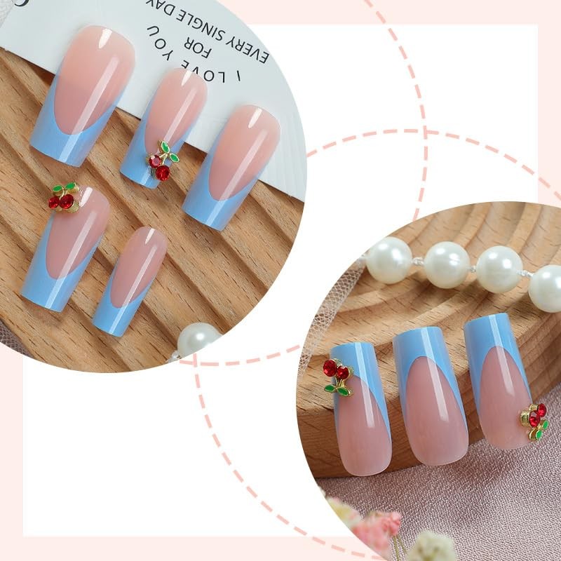 24Pcs Summer Press on Nails Medium Square Fake Nails with 3D Gold Alloy Cherr…