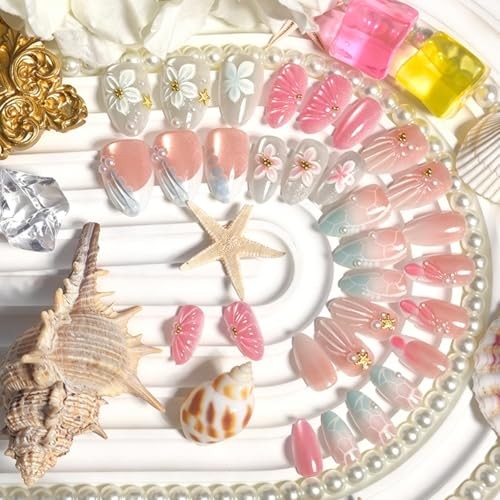 24Pcs Beach Press on Nails – Extra Short Almond Fake Nails – 3D Flowers Starfish