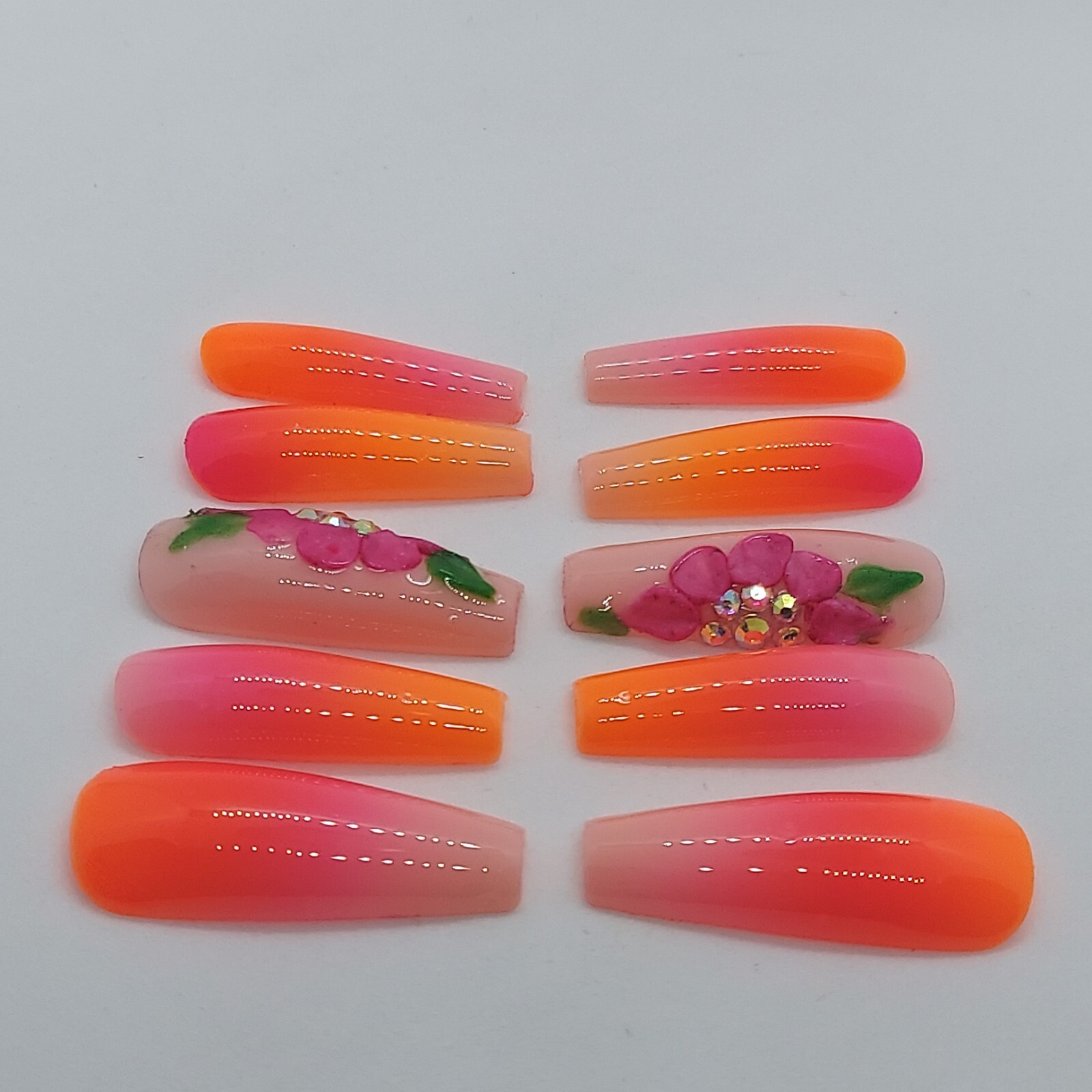 Vacation Tropical Nude Ombre Sunset Pink Orange Floral Press on Nails