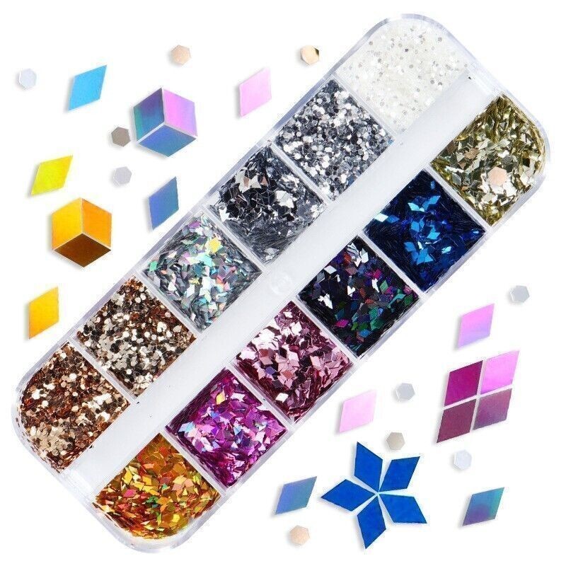 12 Grids Colorful Glitter Rhombus Design Nail Art Sequins Nails Stickers Decor