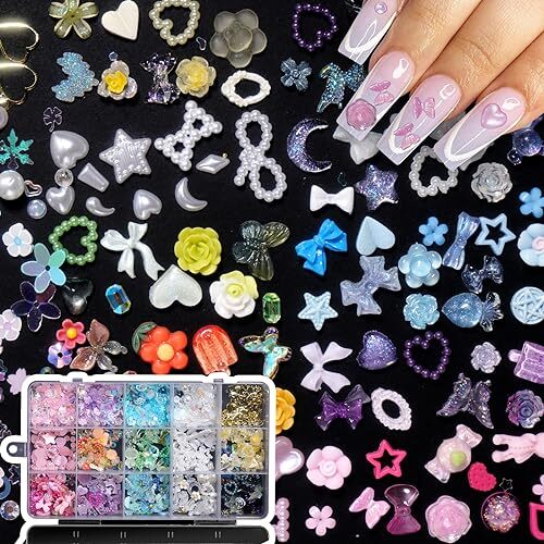 3D Assorted Pearls Gems Nail Charms Kit Multi Color Heart Flower S1-colorful