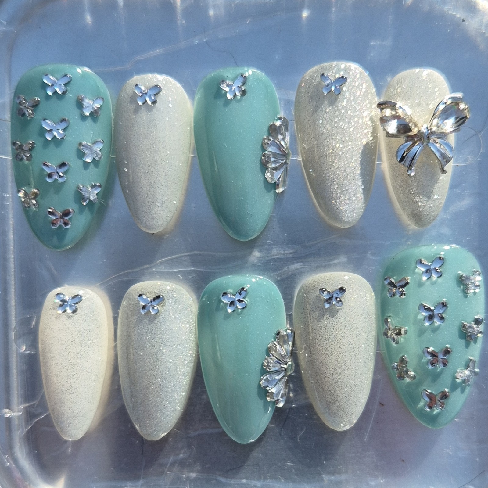 Silver Teal Butterfly 3D Almond Press-On Nails Set Pre-Designed Full Cover
