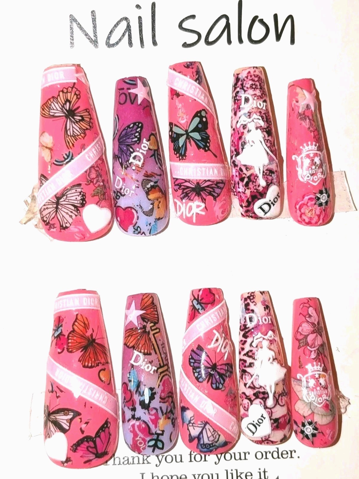 Printed custom decorative 10pc short acrylic press on nails sz large Glue…