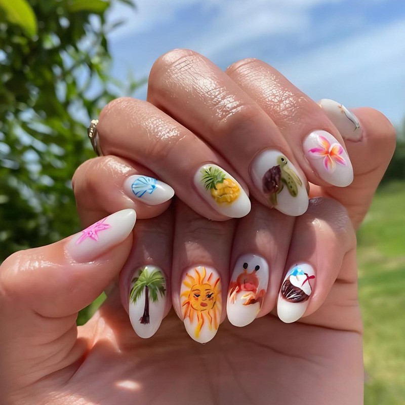 48Pcs-Long Almond White Beach Tropical Sun Turtle Crab Fake Press on Nails Set