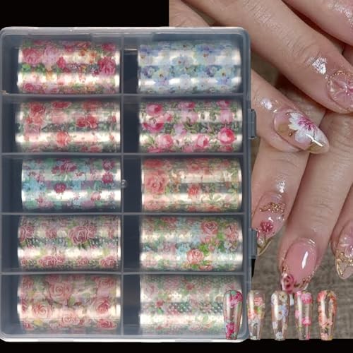 Spring Floral Nail Art Foils Transfer Stickers 10Pcs Colorful Rose Style 4