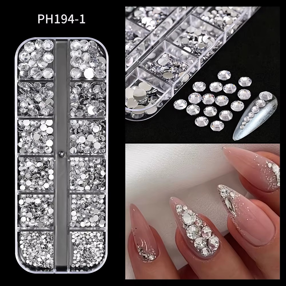 12Grids SS6-SS30 Mixed Nail Rhinestones Shiny Clear/Gold/Pink/Blue Diamond Flat-
