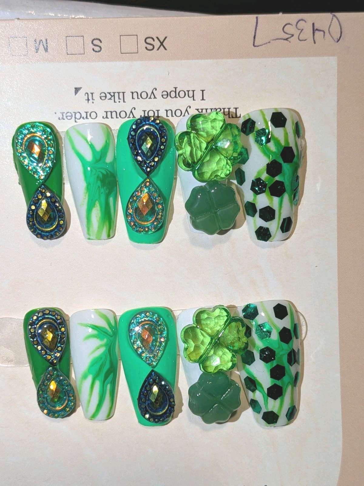 Hand Crafted St Patty Short Nail Set with Quality Glowing Gem Accents Sz LARGE