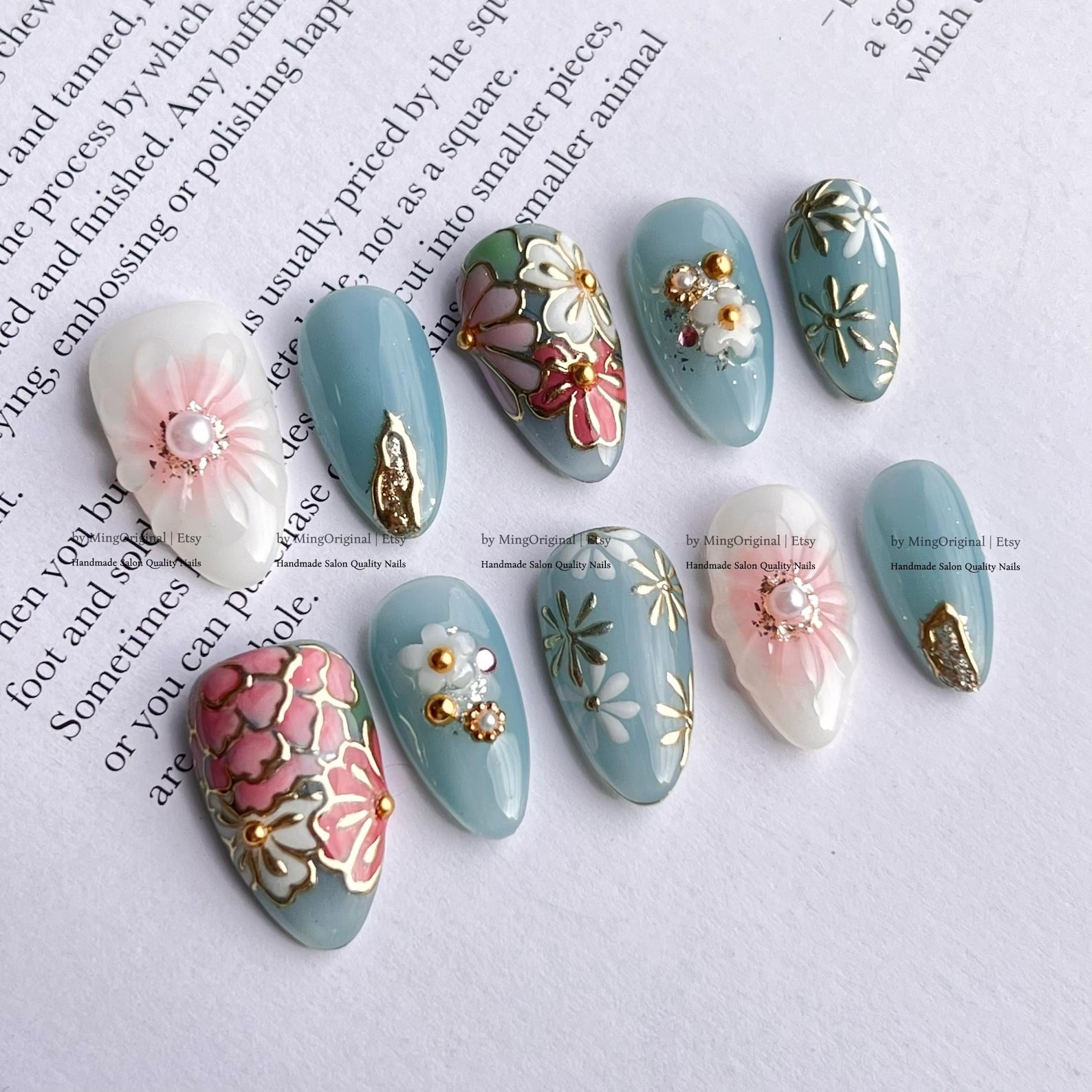 Handmade 3D Daisy Peony Floral Gold Wire Pearl Medium Almond Press on Nails